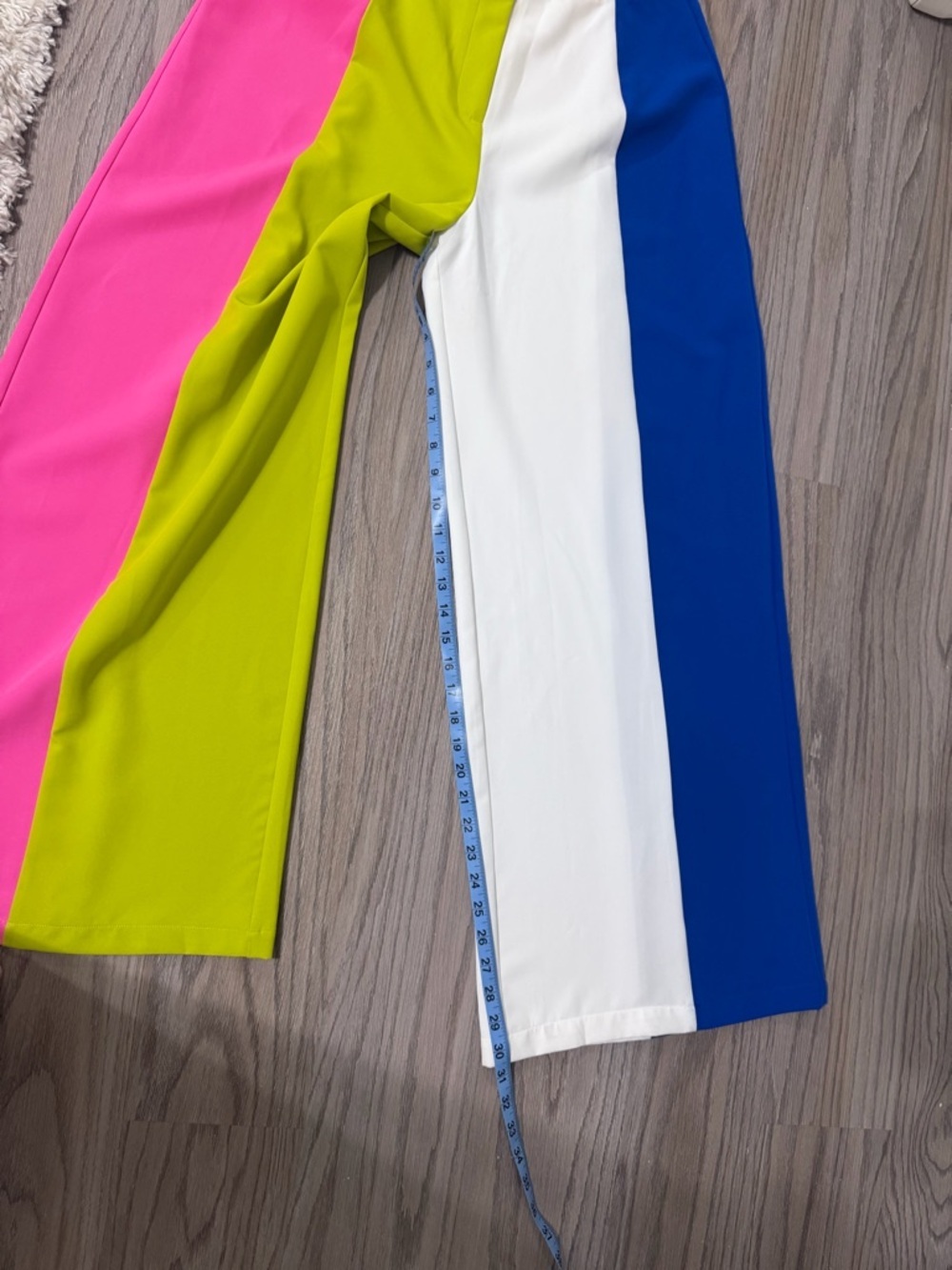 L'ATISTE Lime, Pink, White & Blue Colorblock Wide-Leg Pants - Picture 8 of 9